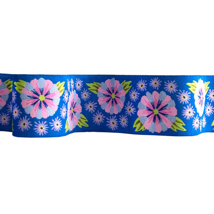 Wide Blue Embroidered Flower Row - 1-1/2" width - by Kaffe Fassett - One Yard