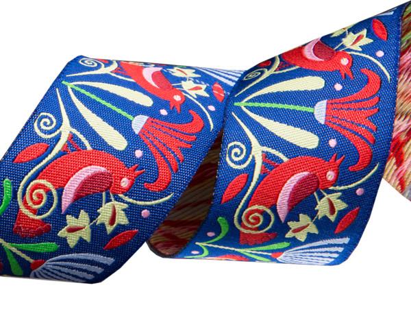 Red Art Deco Birds on indigo  by Jane Sassaman - 1-1/2"- by the yard