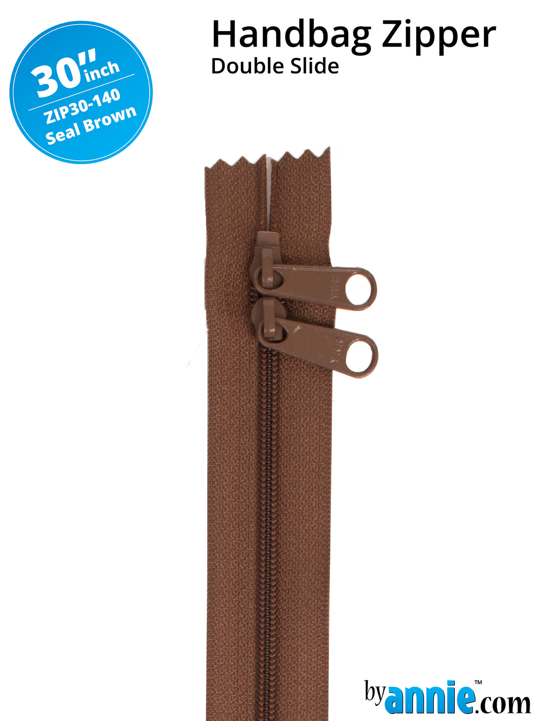 30" Handbag Zipper - Double Slide - Seal Brown