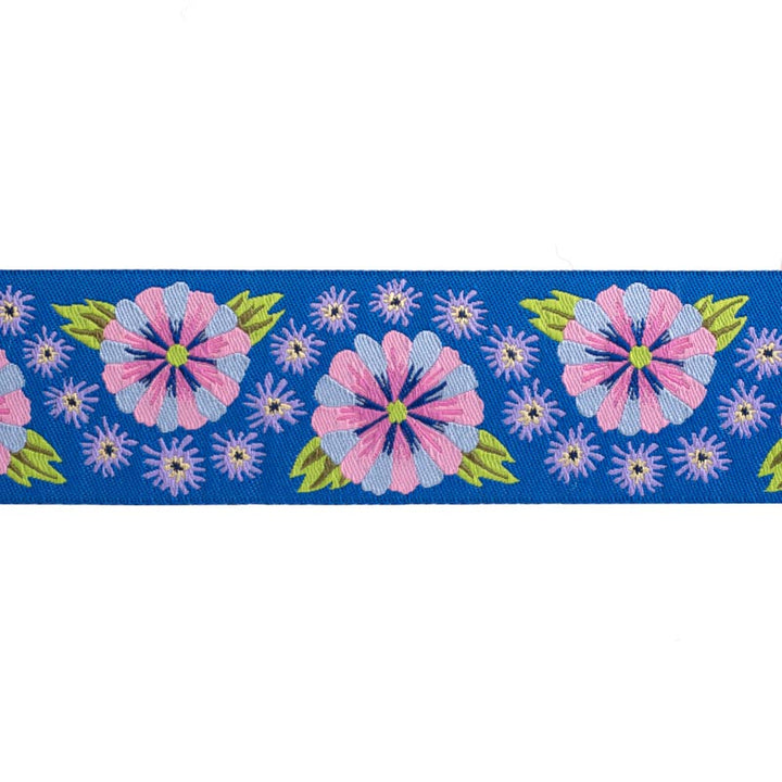Wide Blue Embroidered Flower Row - 1-1/2" width - by Kaffe Fassett - One Yard
