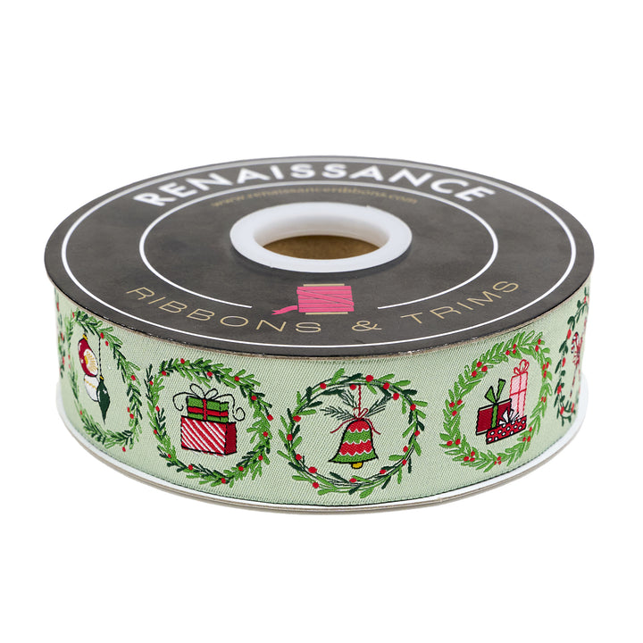 Mistletoe and Holly - Mistletoe Wreaths - 1-1/2" width - by Beverly McCullough - One Yard