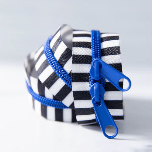 30" Handbag Zipper - Blue Ribbon + Black and White