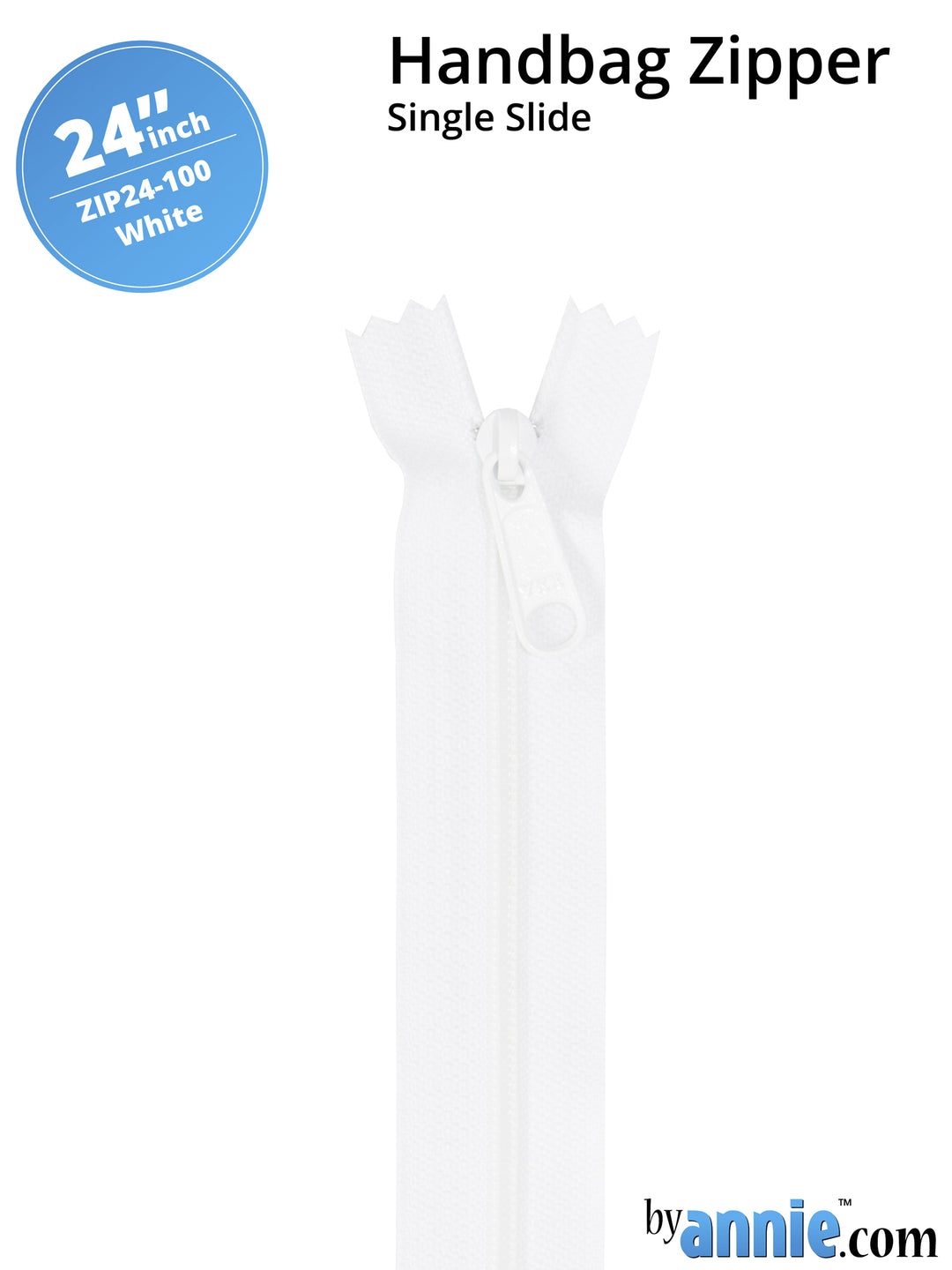24" Handbag Zipper - Single Slide - White