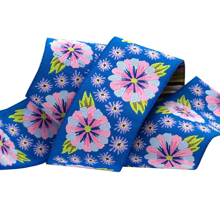 Wide Blue Embroidered Flower Row - 1-1/2" width - by Kaffe Fassett - One Yard