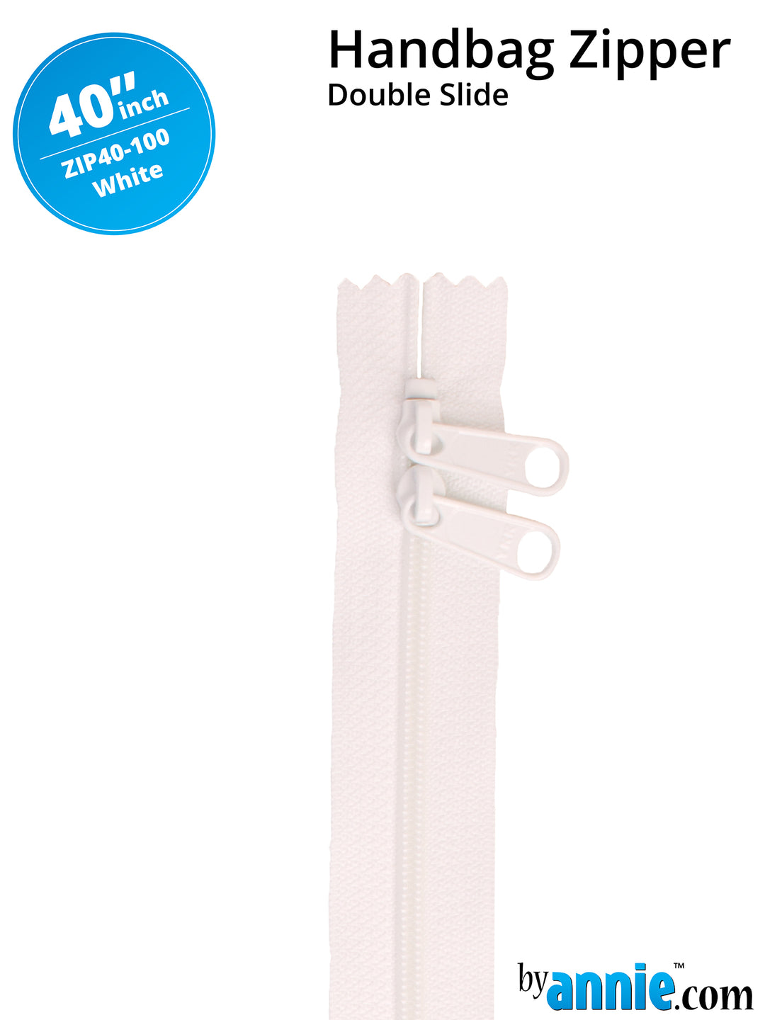 40" Handbag Zipper - Double Slide - White