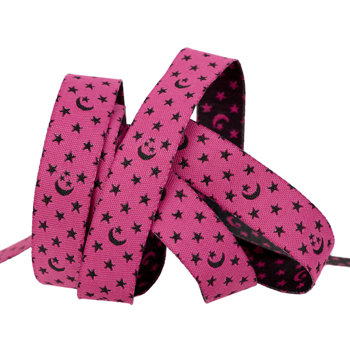Ooh Lucky Lucky - Moon and Stars in Hot Pink - 5/8" width - by Alexia Abegg - One Yard