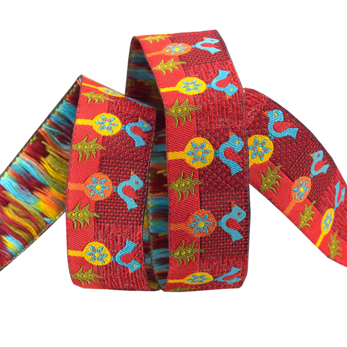 Red & Orange Birds on Black Jacquard Ribbon