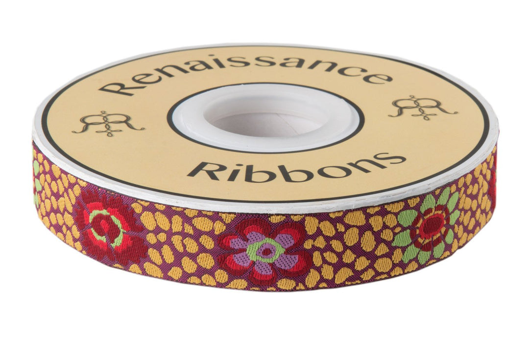 Guinea Flower  Plum on Gold by Kaffe Fassett - 7/8" -by the yard