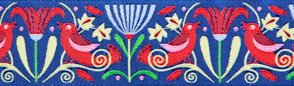 Red Art Deco Birds on indigo  by Jane Sassaman - 1-1/2"- by the yard