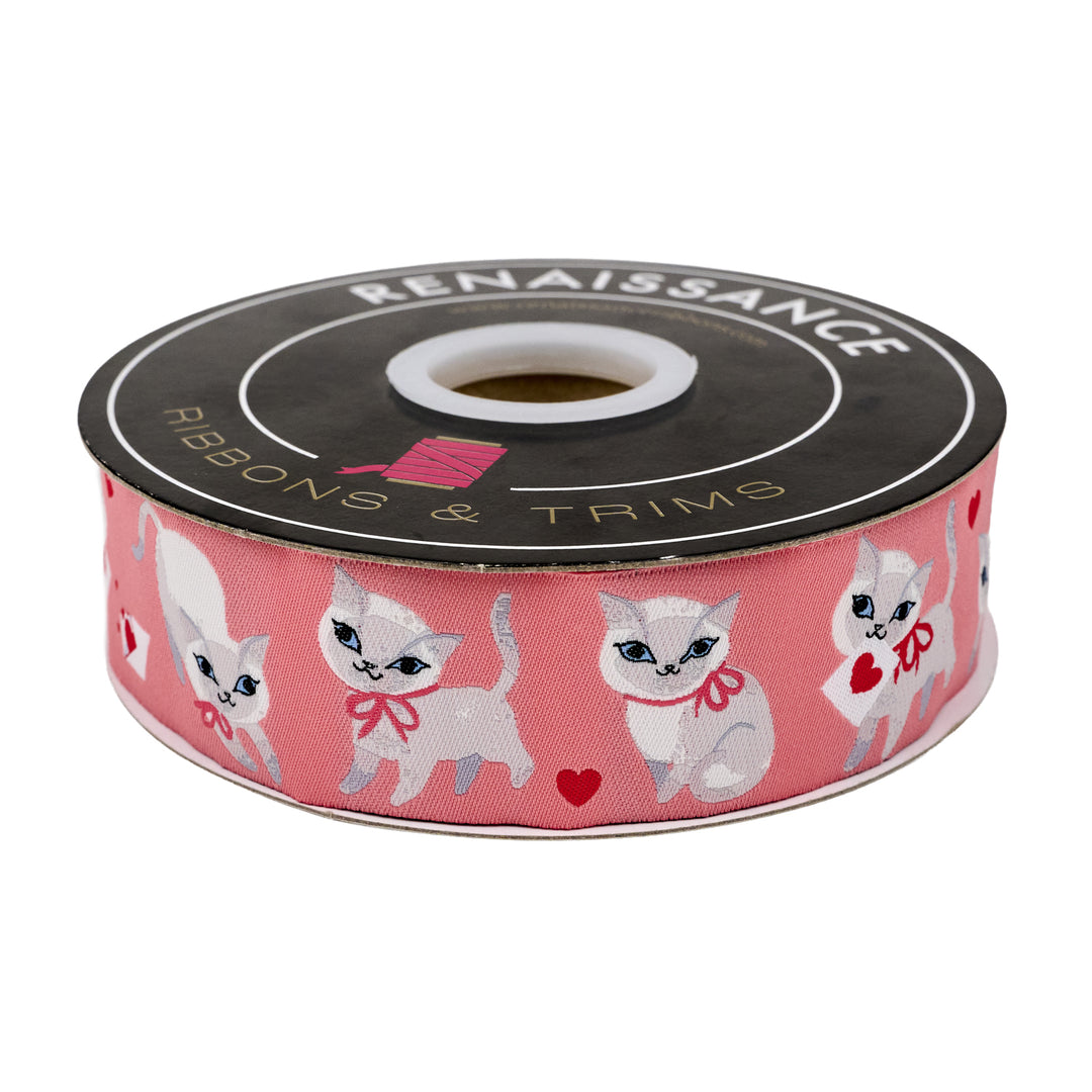 PREORDER - Funny Valentine - Sweet Kitten in Pink - 1-1/2" width - by Lizzy House - One Yard