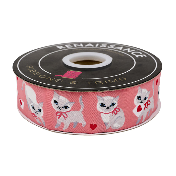 PREORDER - Funny Valentine - Sweet Kitten in Pink - 1-1/2" width - by Lizzy House - One Yard