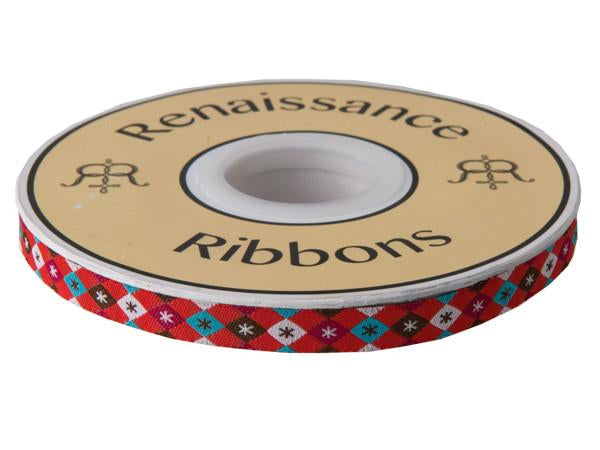 Argyle and Stars on Red - 3/8" width - by Jessica Jones - One Yard