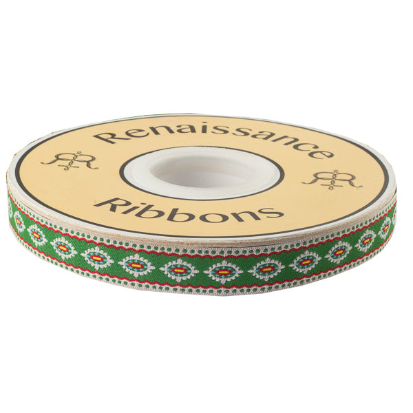 Scalloped &amp; dotted Edge Holiday Motif on Green 5/8" by the yard