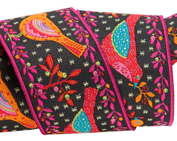 Red and Orange Birds on Black - 1-1/2"- by the yard