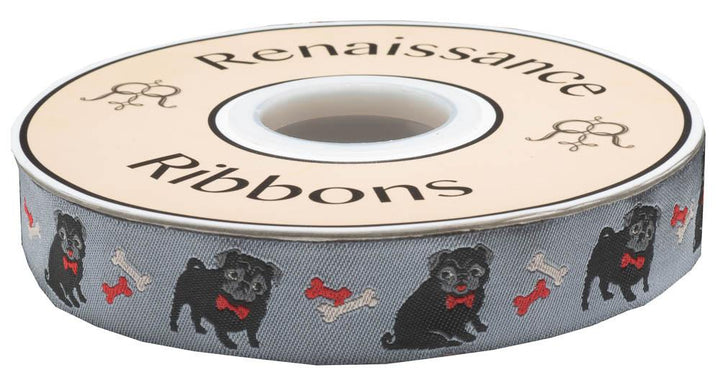 Pug ribbon on grey - 7/8" -by the yard