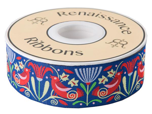Red Art Deco Birds on indigo  by Jane Sassaman - 1-1/2"- by the yard