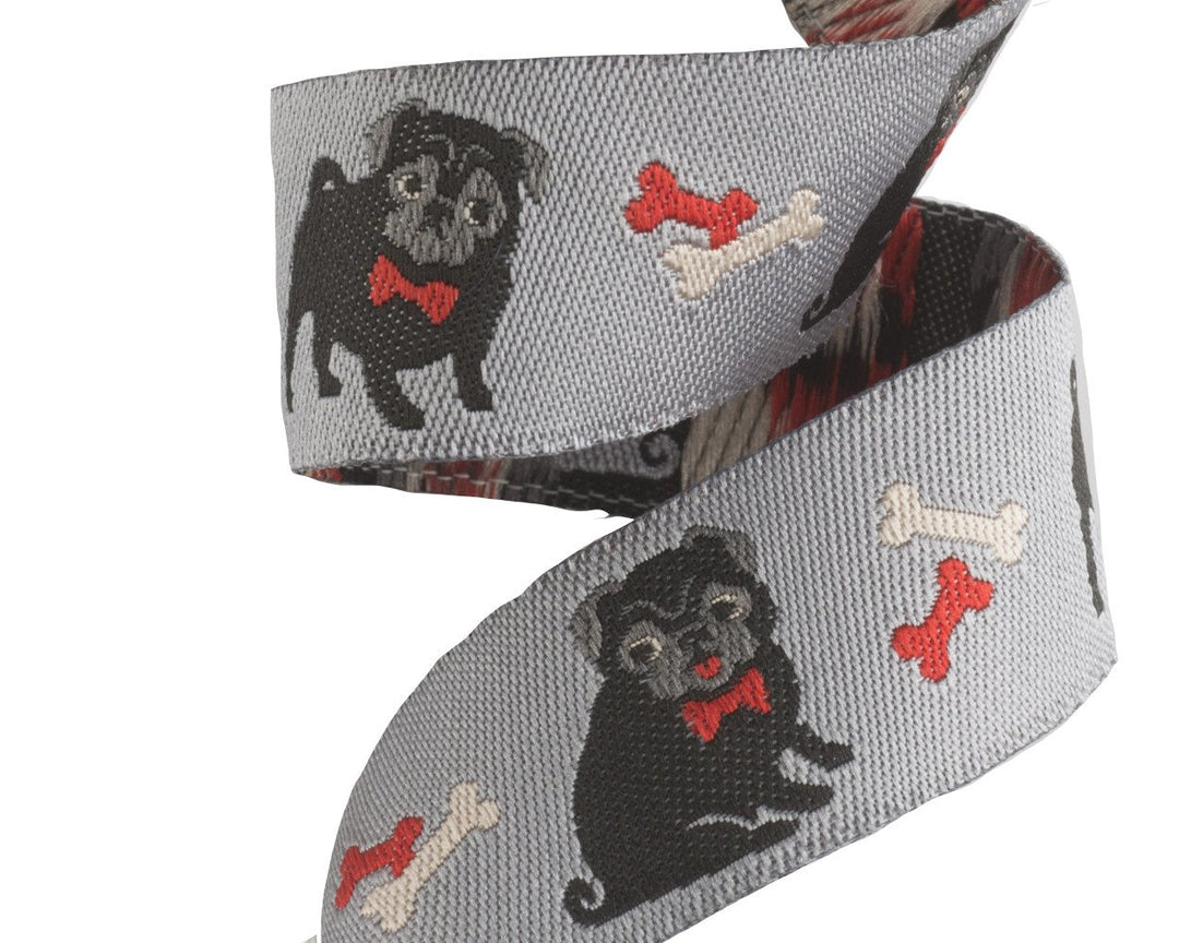 Pug ribbon on grey - 7/8" -by the yard