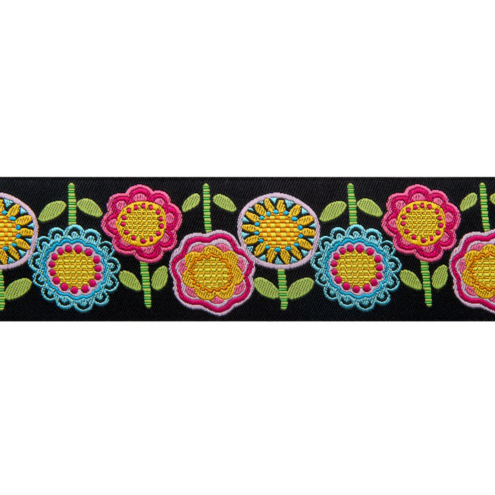 Hippie Flower Row on Black by Mary Engelbreit - 1 1/2" by the yd
