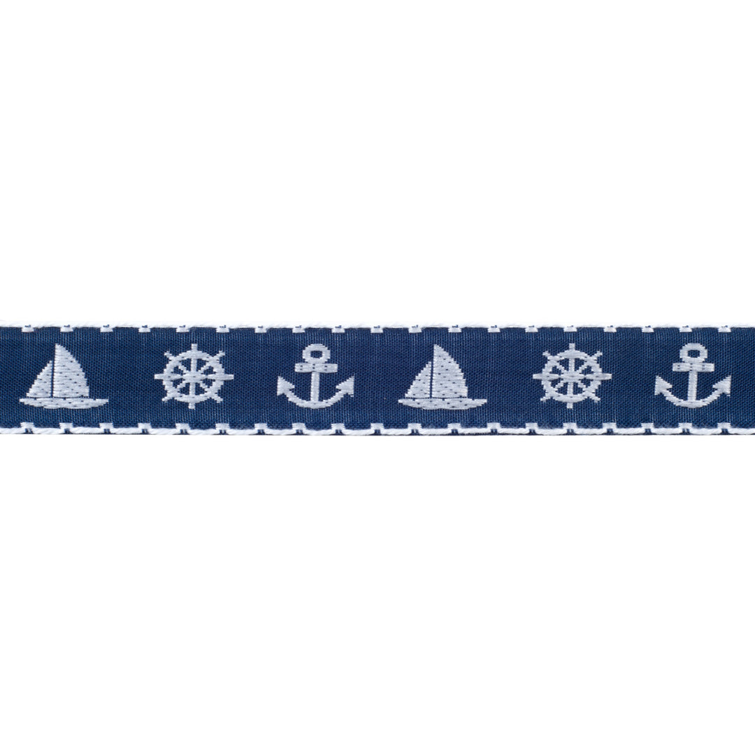 White Nautical on Blue - 7/8" - by the yard