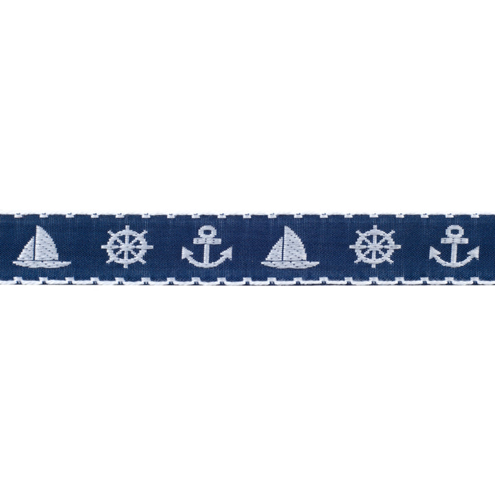 White Nautical on Blue - 7/8" - by the yard