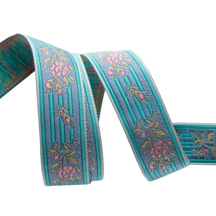 Pink floral on turquoise stripes - 7/8" - by the yard