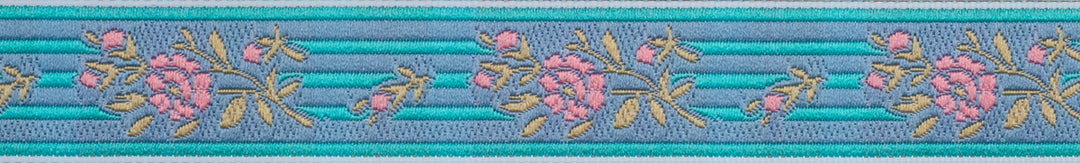 Pink floral on turquoise stripes - 7/8" - by the yard