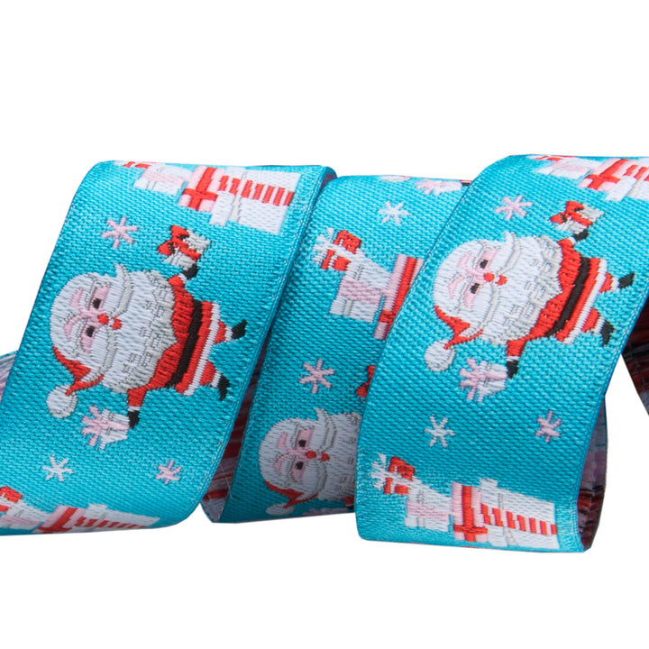 Santa and Gifts on turquoise  - 7/8" -by the yard