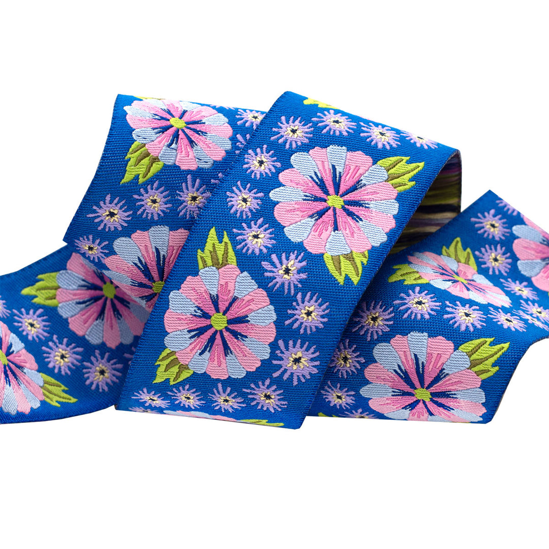 Wide Blue Embroidered Flower Row- 1-1/2" - Kaffe Fassett - by the yard