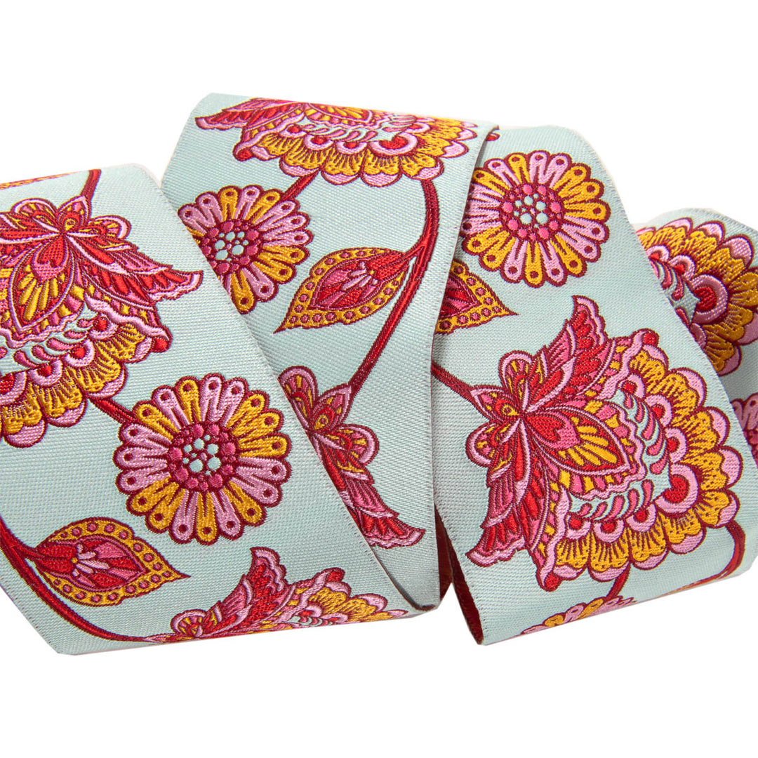 Vintage Red & Pink Flowered Jacquard Ribbon by the Yard