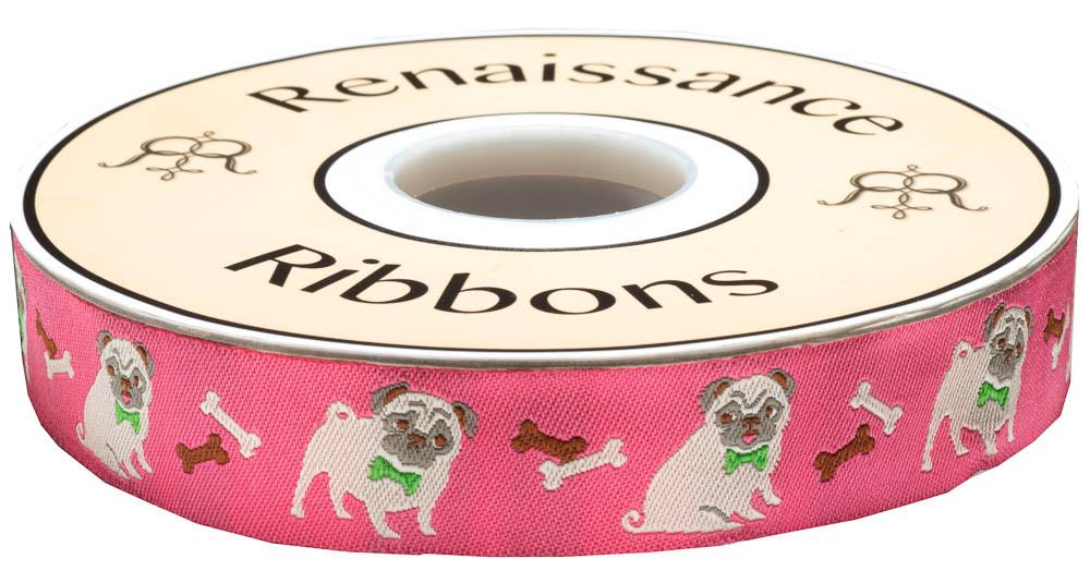Pug ribbon on pink - 7/8" -by the yard