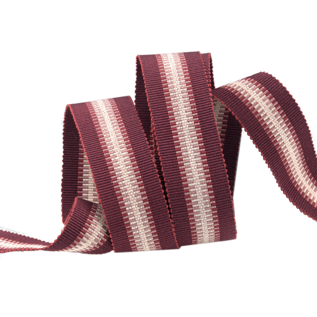 Vintage zipper stripe grosgrain in wine, pink and pearl 25mm