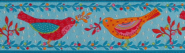 Red and Orange Birds on Blue - 1-1/2"- Odile Bailloeul  - by the yard