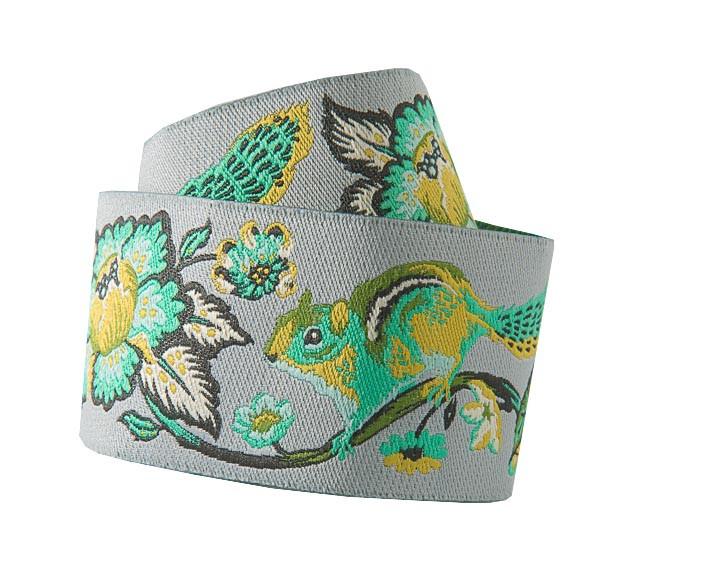 Mint and Green on Grey Chipmunk ribbon Tula Pink - 1-1/2"- by the yard