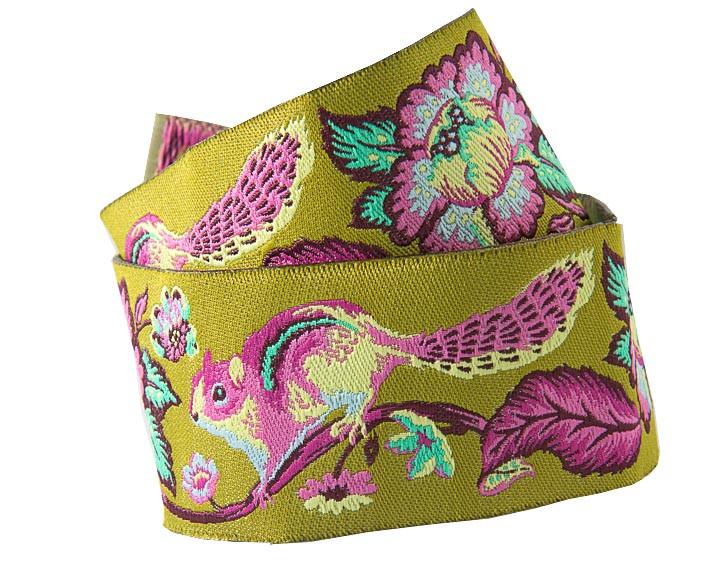 Pink and Blue on Green Chipmunk ribbon-Tula Pink - 1-1/2"- by the yard